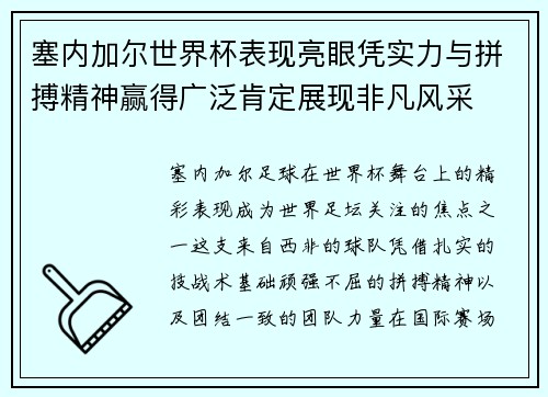塞内加尔世界杯表现亮眼凭实力与拼搏精神赢得广泛肯定展现非凡风采